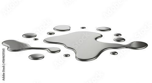 Y2K Melty chrome shapes isolated. Spilled liquid metal drops. Futuristic metallic puddles on transparent background, PNG Cutout