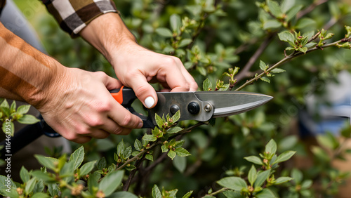 Male hands are cutting bushes with garden tool. Gardener with trimer for pruning branches in garden. photo