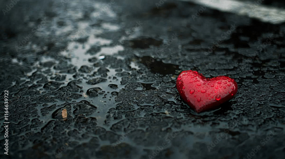 Fototapeta premium Rain-soaked heart on dark pavement.