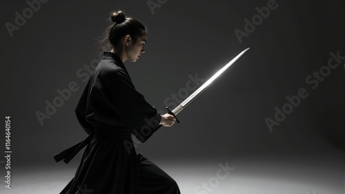 Mastering the art of the sword in a dimly lit dojo with focused grace and precision photo