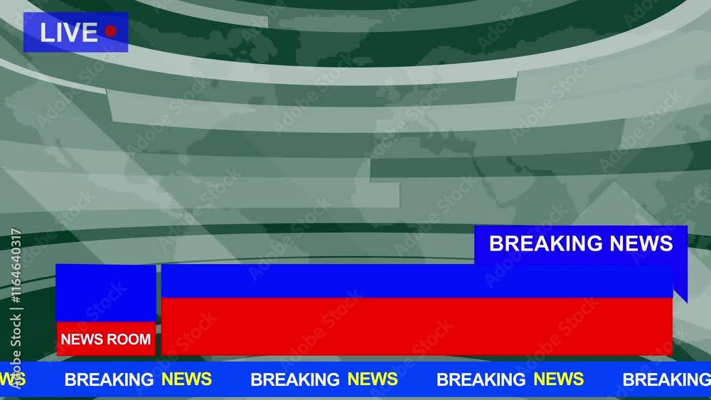 News studio. Newsroom Background for News Broadcasts. Blurred of studio at TV station news report and breaking news on world live report Template intro for TV broadcast news program green show screen.