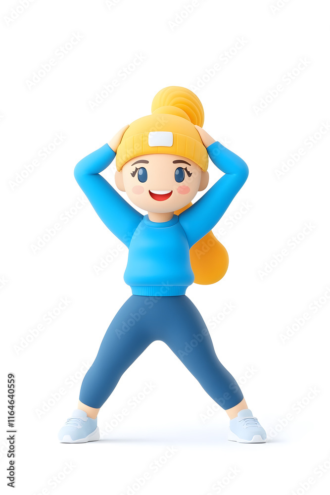 3D cartoon character illustration of a happy fit woman in sportswear stretching, isolated on white background, 3D cartoon character illustration of a happy fit woman in sportswear stretching, isolated on white background,