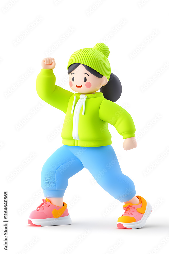 3D cartoon character illustration of a happy fit woman in sportswear stretching, isolated on white background, 3D cartoon character illustration of a happy fit woman in sportswear stretching, isolated on white background,