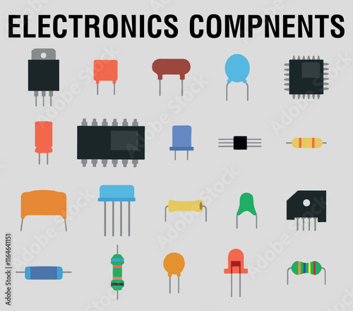 Electronic components icons set. Electrical components collection with isolated background