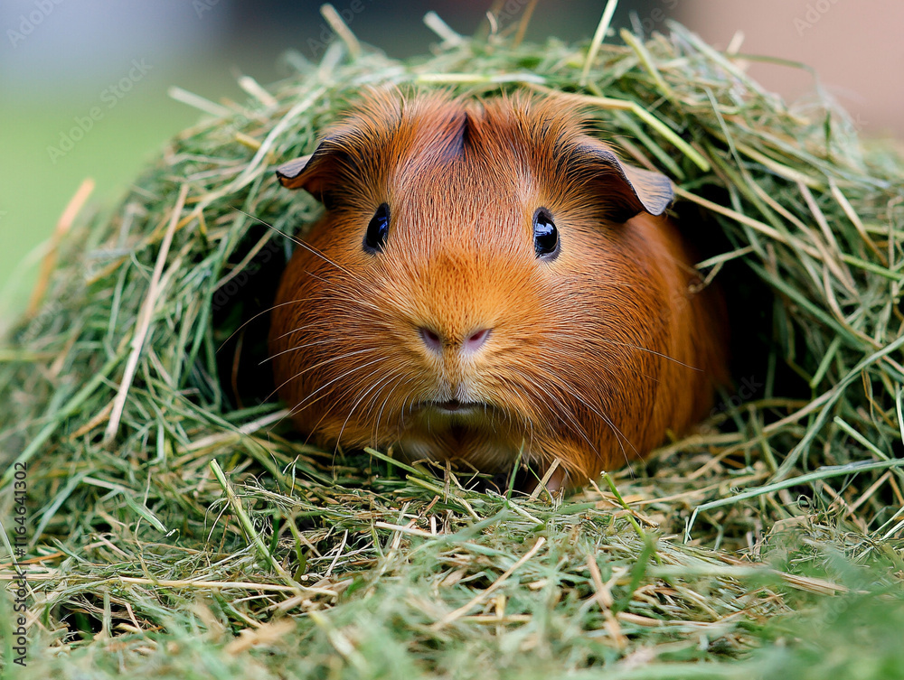 Guinea pig resting in hay at a sunny outdoor habitat Guinea pig resting in hay at a sunny outdoor habitat