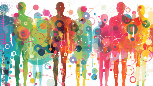 An art-style illustration of diverse age group silhouettes, with a colorful background symbolizing global life expectancy improvements across different populations.