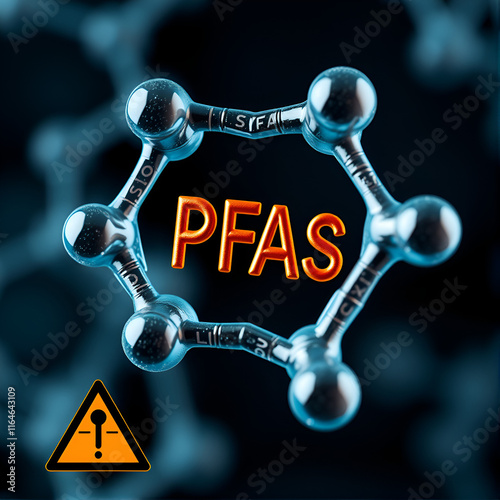 Detailed close up of pfas chemical molecule in 3d structure for scientific analysis, pollution and health risks symbol, banner photo