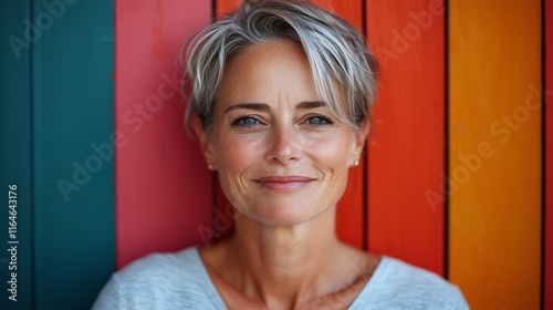 A woman with a radiant smile posing against a colorful wooden wall, expressing joy, authenticity, and a vibrant personality photo