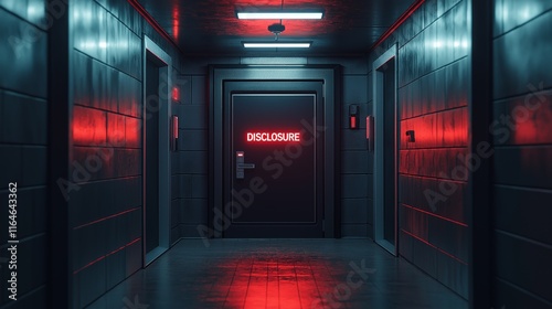 A futuristic corridor with glowing orange lights leads to a secured door with Disclosure displayed, emphasizing UFO secrecty, government coverup  and alien technology photo