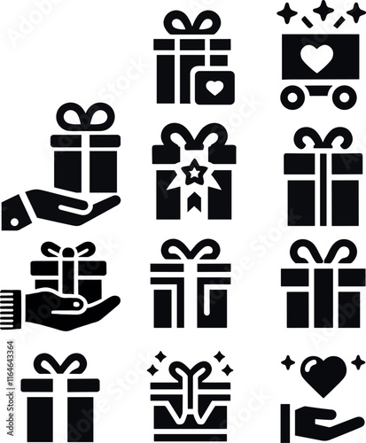 Gift box icons set with bows and hands for celebrations and holidays on isolated background