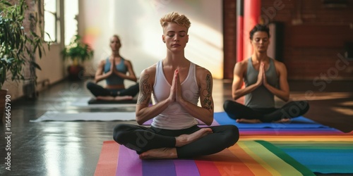 LGBTQ+ health and wellness, individuals practicing yoga in a tranquil setting with rainbow props and peaceful vibe