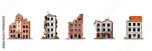 Wallpaper Mural A set of destroyed post-apocalyptic houses in different stages isolated on a white background Torontodigital.ca
