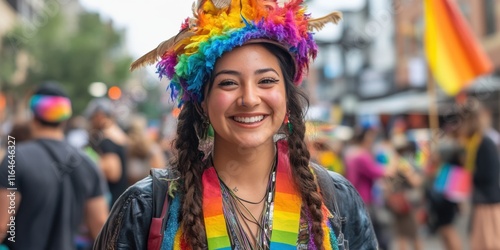 LGBTQ+ pride parade with colorful costumes, street performers, and rainbow flags in a lively urban setting photo