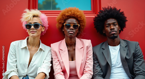 Stylish Friends Pose Against a Vibrant Red Wall. Their diverse hairstyles and fashionable attire create a striking visual.