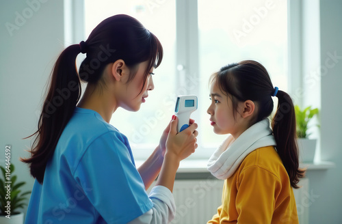 Asian female doctor in a medical coat measures the temperature of a sick Asian girl. photo