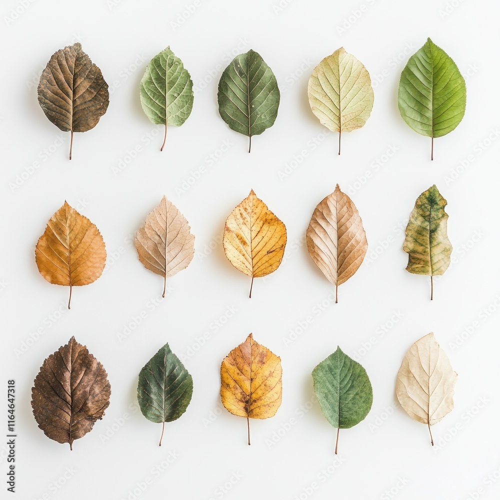 Obraz premium Autumn leaves arranged in a grid on white background showing color variations.