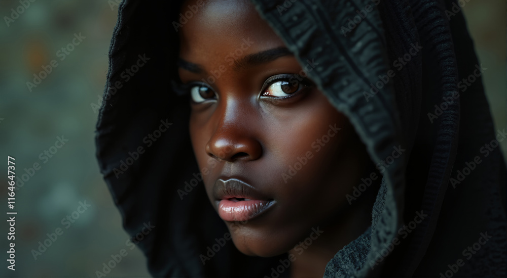 A young woman with a dark hoodie looks intently at the camera. Her face is partially obscured by the hood's shadow, creating a sense of mystery and intrigue. A young woman with a dark hoodie looks intently at the camera. Her face is partially obscured by the hood's shadow, creating a sense of mystery and intrigue.