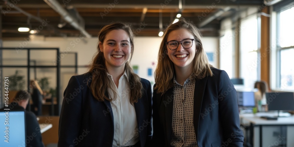 Young LGBTQ+ professionals in business attire, smiling and collaborating in a high-tech office space Young LGBTQ+ professionals in business attire, smiling and collaborating in a high-tech office space