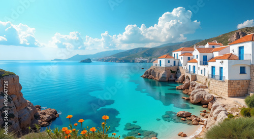 Picturesque Greek Island Village. White houses with blue doors and windows located on a rocky coastline overlooking the turquoise Aegean Sea.