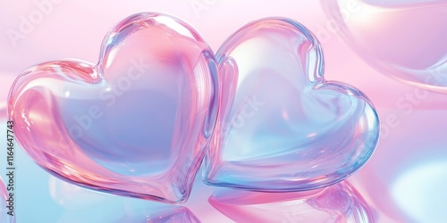 Translucent glass hearts reflecting light in soft pastel colors create a romantic and serene atmosphere for love and affection