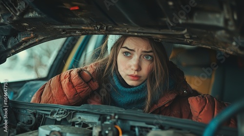 A young girl dressed warmly in a puffer jacket looks closely at a car engine, indicating she is evaluating the possible issues the engine may have. photo