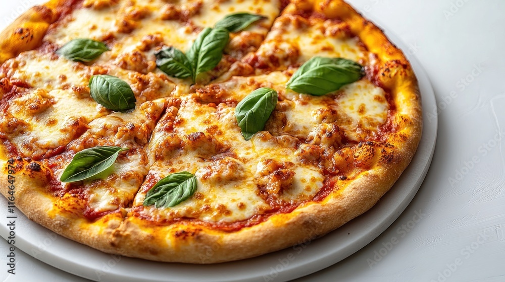 Delicious cheese pizza with basil on white background. Delicious cheese pizza with basil on white background.