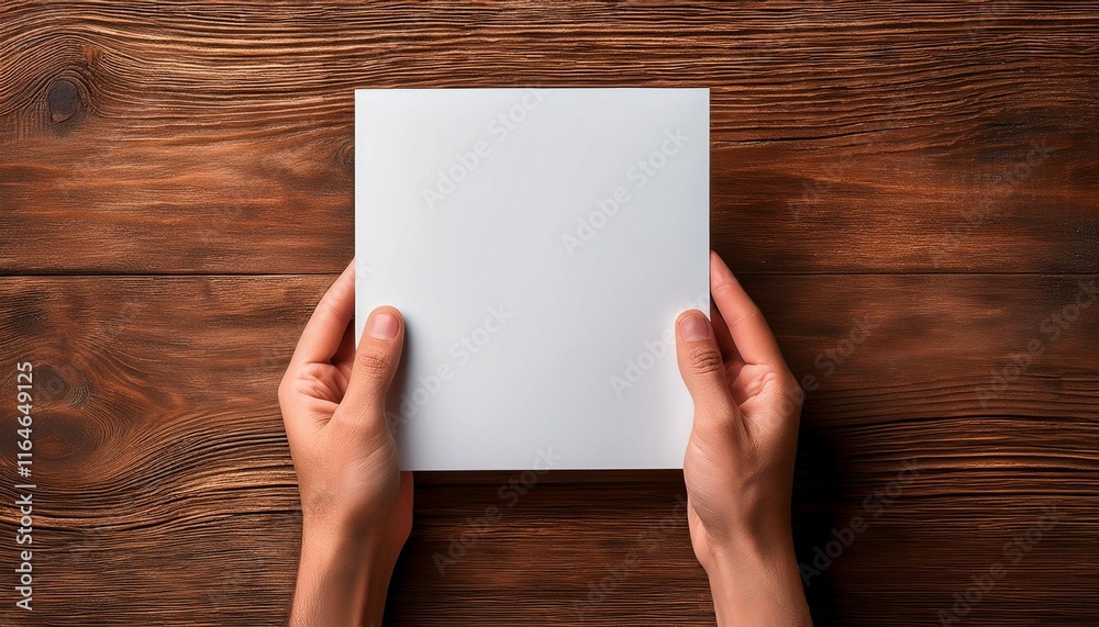 hands holding a blank white paper against a wooden background hands holding a blank white paper against a wooden background