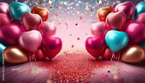 playful valentine s day background with colorful balloons and glitter confetti for festive designs photo