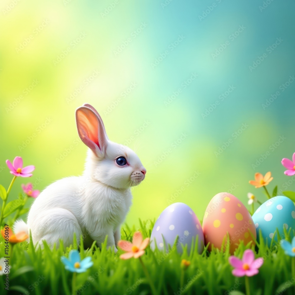 Fototapeta premium Pastel bunny, colorful eggs, spring flowers in green grass Easter egg hunt scene , easter bunny, happy, cute