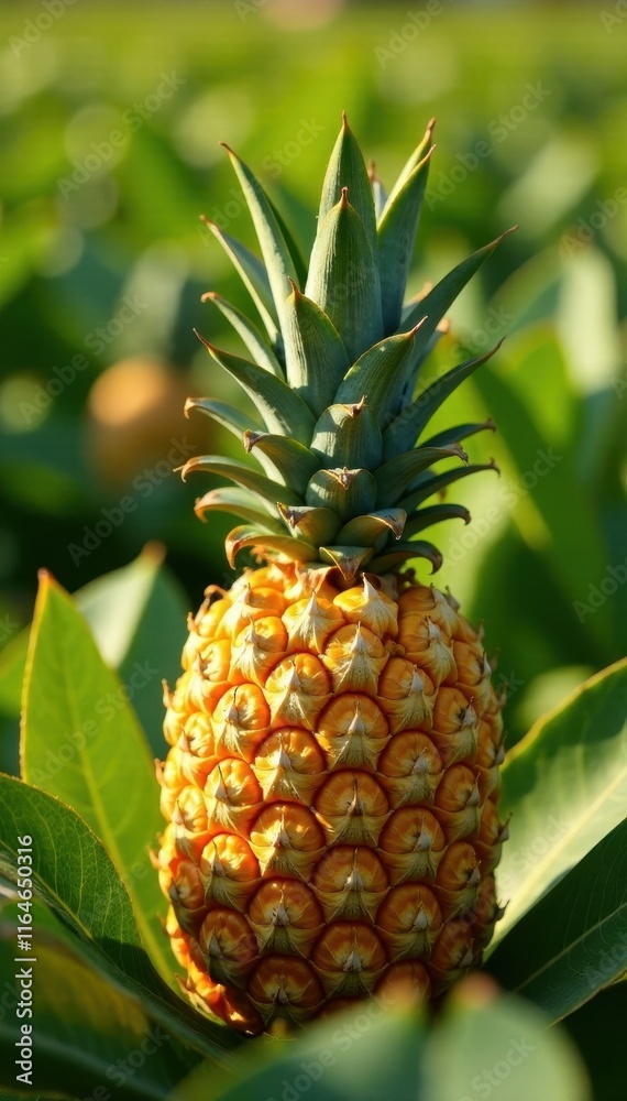 Perfectly ripe golden pineapple, sunlit leaves , macro, pattern, fresh Perfectly ripe golden pineapple, sunlit leaves , macro, pattern, fresh