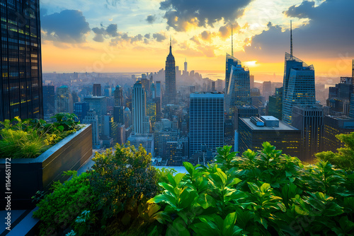 Green Rooftop Garden Overlooking a Bustling Urban Skyline in New York