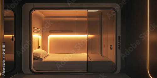 Modern minimalist capsule hotel room with ambient lighting photo