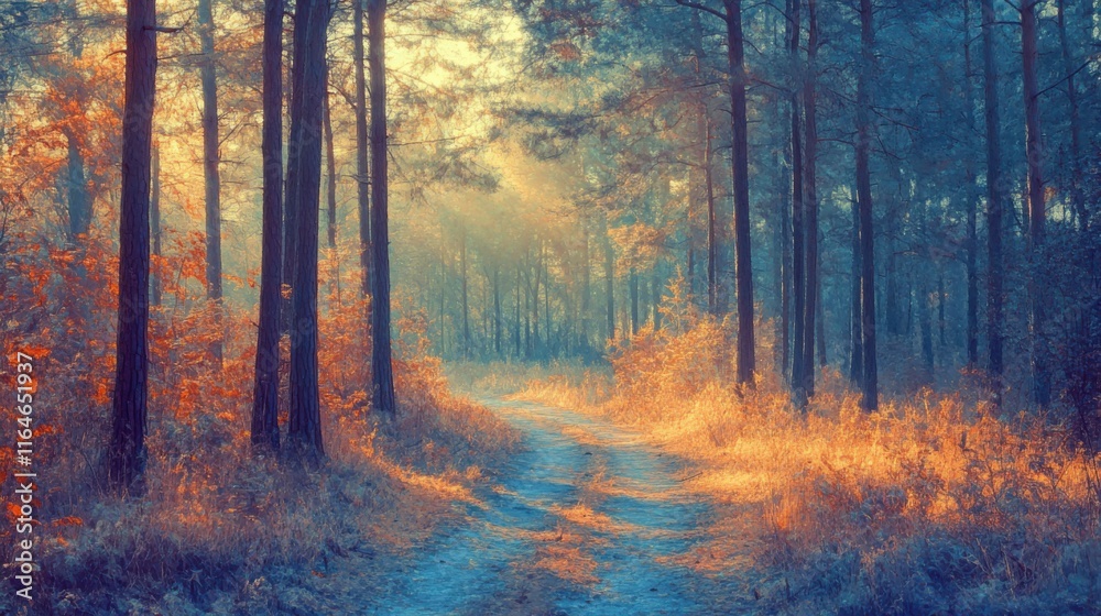 Fototapeta premium A quiet forest path at twilight, digital painting, cool tones, ethereal light
