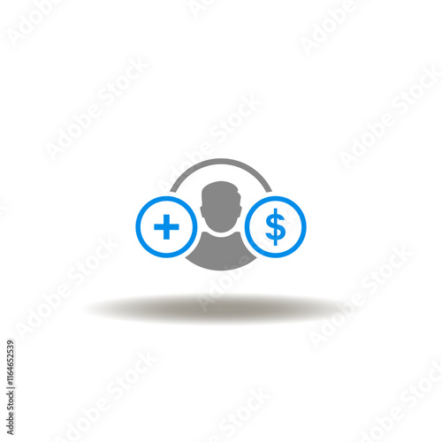 Vector illustration of person or customer with plus sign and dollar symbol. Icon of refer a friend and earn.