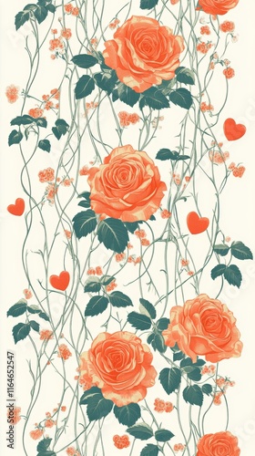 Faded roses create a romantic vintage pattern with intertwined heart-shaped leaves in a charming design