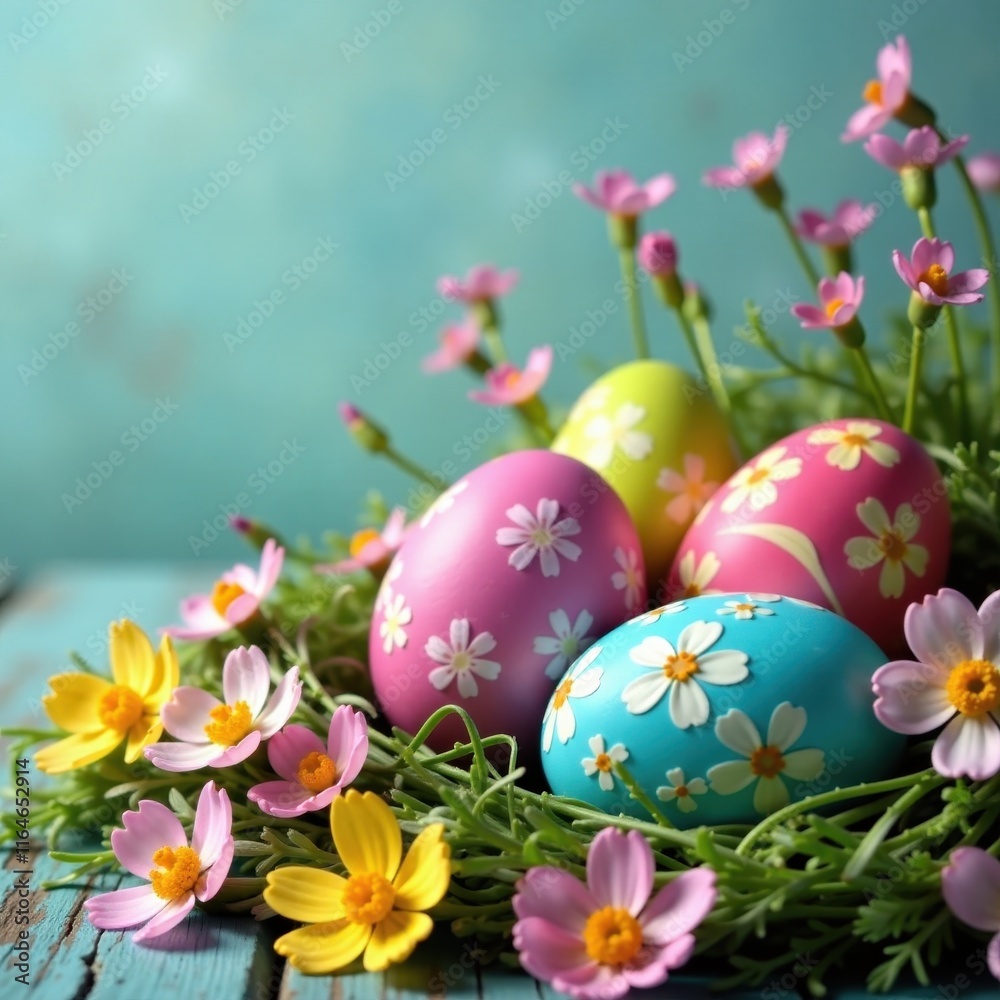 Vibrant decorated Easter eggs nestled among the petals of wildflowers, colorful, nature, easter eggs Vibrant decorated Easter eggs nestled among the petals of wildflowers, colorful, nature, easter eggs