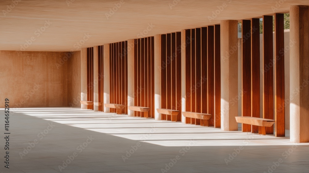 Modern architectural corridor with wooden vertical panels and built-in benches. Bright daylight casting shadows on light concrete flooring Modern architectural corridor with wooden vertical panels and built-in benches. Bright daylight casting shadows on light concrete flooring