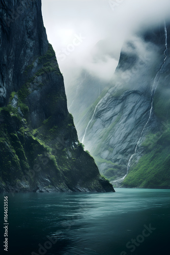 Breathtaking Scenery of Snow-Capped Fjord Mountains Under a Cloud-Filled Sky: A Testament of Natural Beauty and Power photo