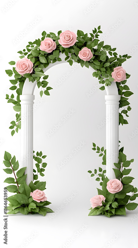 Fototapeta premium Realistic wedding arch with roses and leaves isolated on white Background