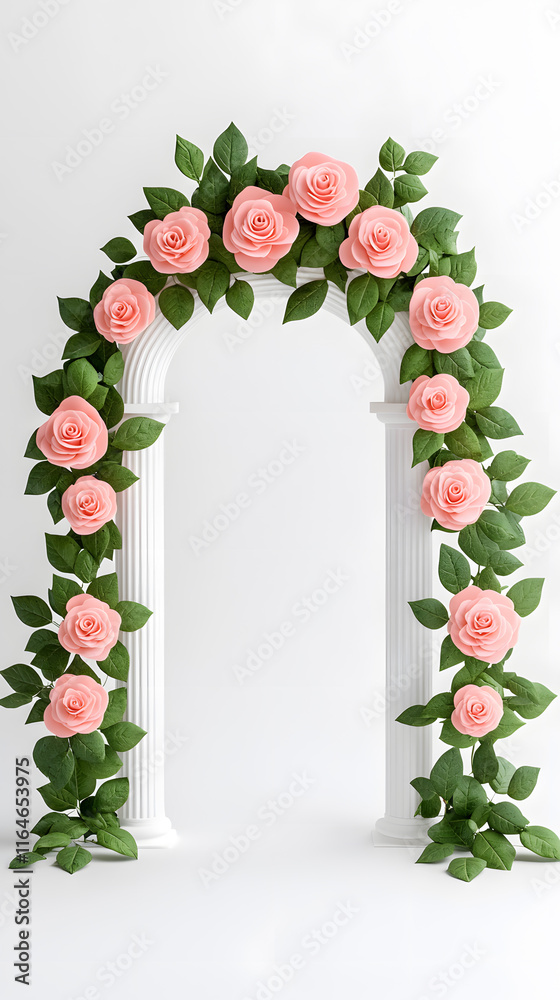 Obraz premium Realistic wedding arch with roses and leaves isolated on white Background