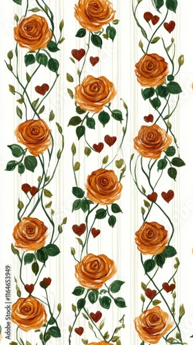 Faded roses in a vintage pattern with heart-shaped leaves create an elegant repeating design for decor and textile use