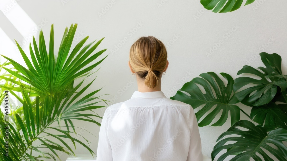 Back view of woman in white shirt surrounded by green tropical leaves against a white wall Back view of woman in white shirt surrounded by green tropical leaves against a white wall