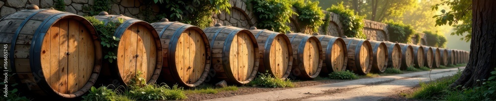 Aged wooden barrels lined up in rows along a stone wall, covered with moss and vines, under a warm sunbeam , outdoor setting, rustic decor Aged wooden barrels lined up in rows along a stone wall, covered with moss and vines, under a warm sunbeam , outdoor setting, rustic decor