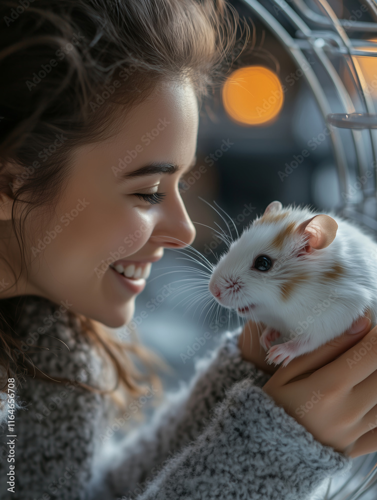 Joyful moments shared between a woman and her playful hamster indoors Joyful moments shared between a woman and her playful hamster indoors