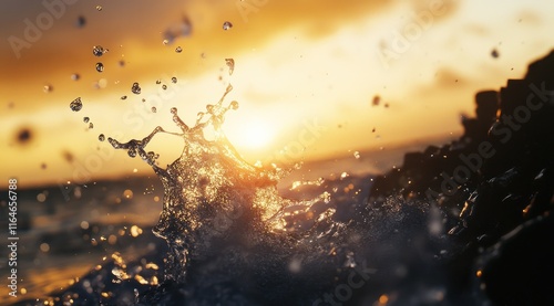 Des vagues de l'océan au coucher du soleil. Faible profondeur de champ, effet bokeh, reflets du soleil et particules dans l'eau. photo