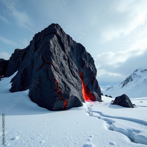 Dark volcanic basalt rock on a snowy landscape, rocky terrain, winter photo