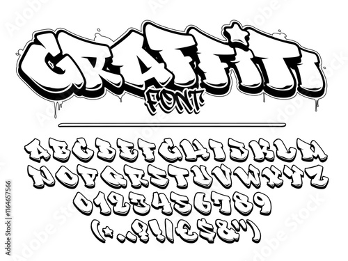 Graffiti vector font. Capital letters, numbers and glyphs alphabet.