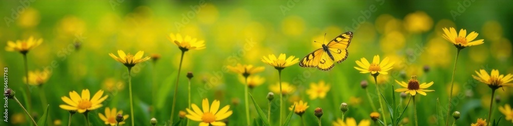Dense patch of bright yellow moths and other flowers in a meadow, wildflowers, trees Dense patch of bright yellow moths and other flowers in a meadow, wildflowers, trees