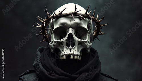 Skull wearing a crown of thorns with dark hooded figure in shadowy background