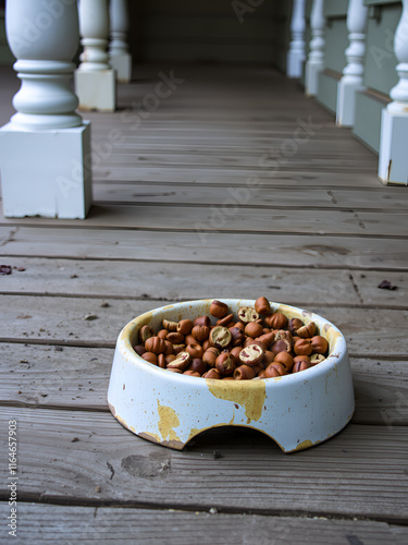 Neglected dog food bowl filled with uneaten pet food left alone and abandoned on a wooden porch representing the neglect and lack of care for stray or forgotten animals  The scene depicts a sorrowful photo